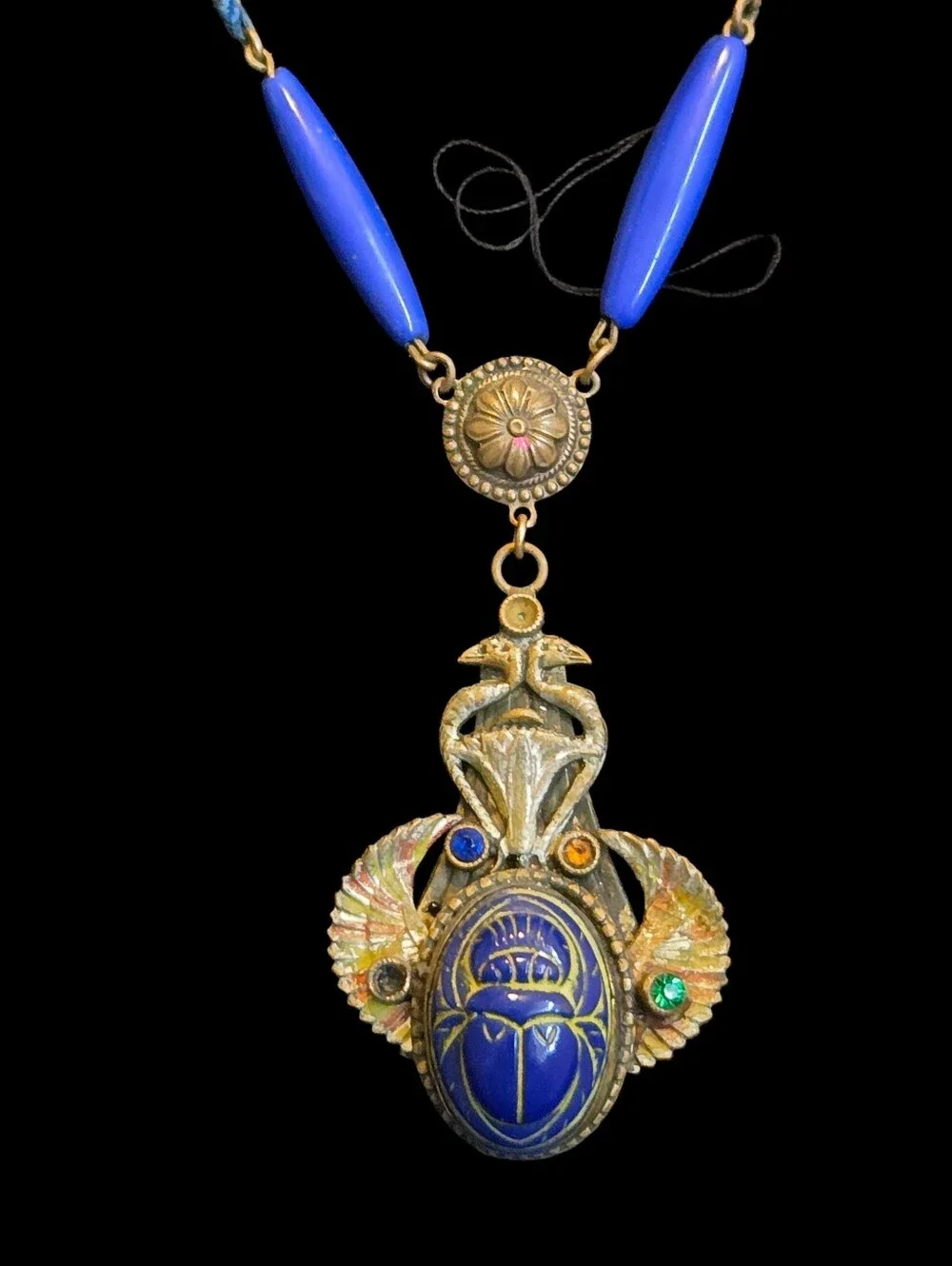 Egyptian Revival DECO Vtg NEIGER BROS Czech Blue GLASS Scarab PENDANT NECKLACE